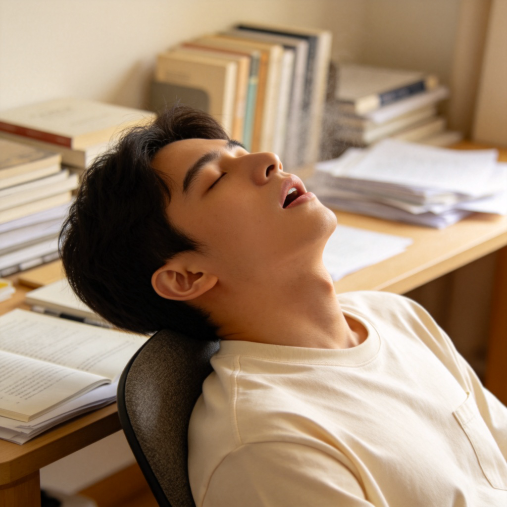 sigh叹气图解：疲惫的人在书桌前叹息