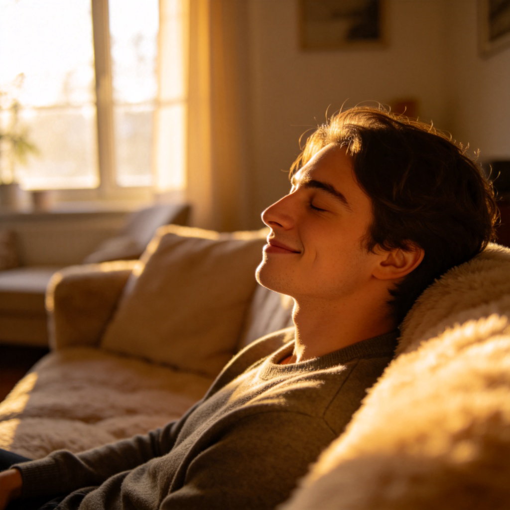 sigh松口气图解：放松的人坐在沙发上舒气