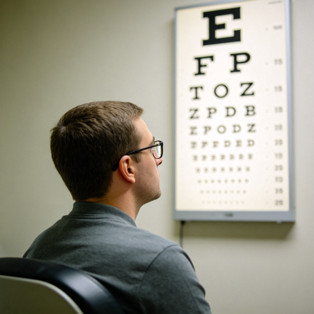 A person sitting in an optometrist's office, looking at an eye chart on the wall. The chart has letters of decreasing size. Focus on the person's eyes and the chart, with soft clinic lighting. No text or logos in the image.
