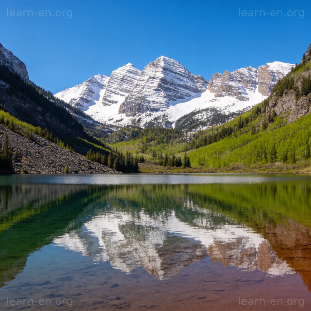 A wide-angle view of a picturesque mountain landscape with a clear lake in the foreground and snow-capped peaks in the background. Bright daylight, vibrant colors, no people or text visible.