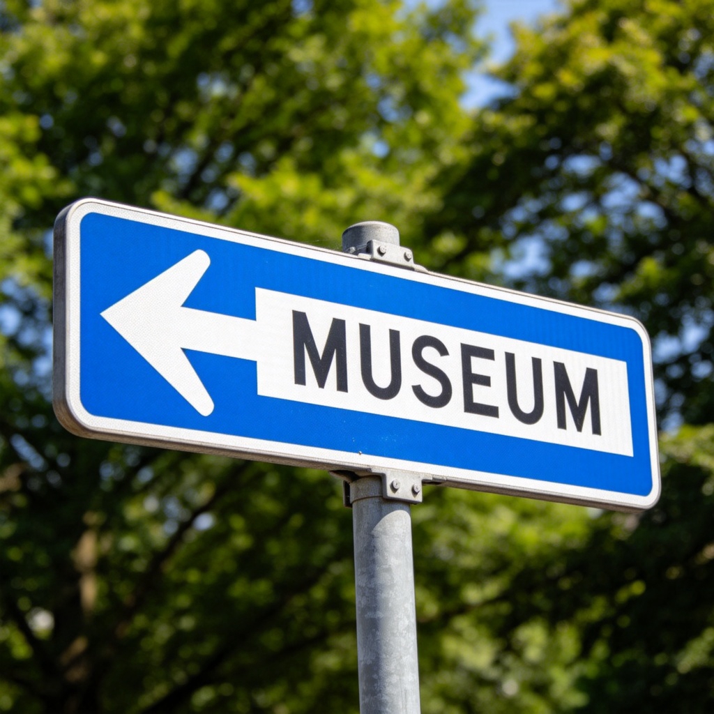 A clear, close-up photograph of a common blue and white street sign on a metal pole. The sign shows a straight arrow and the word ‘MUSEUM’. Sunny day, green trees in the soft background, focus entirely on the sign. No people or text besides the sign's own.