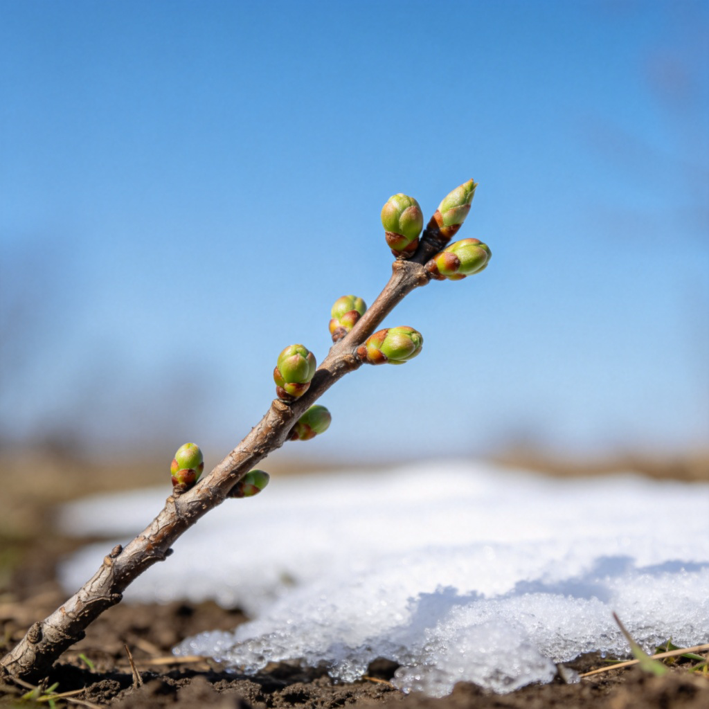 A close-up, detailed shot of a single tree branch against a soft blue sky. The branch has small, tight green buds just beginning to open. In the background, a patch of snow is melting on the ground. The image clearly shows the ‘signs’ of changing seasons. Natural lighting, no people or text.
