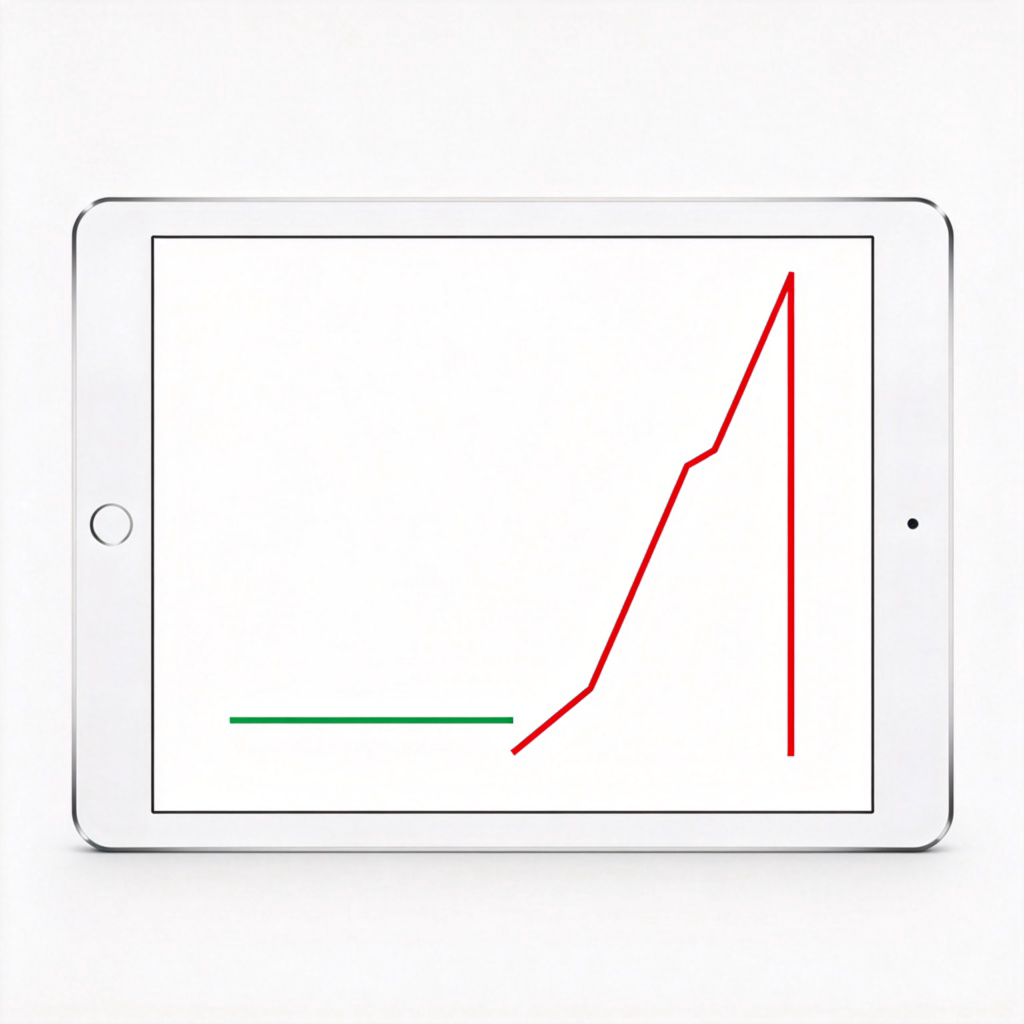A simple line graph on a tablet screen. The left side shows a low, flat green line. The right side shows a sharply rising red line that peaks much higher than the green line. The contrast between the two lines is very clear. Clean, minimalist style, white background.