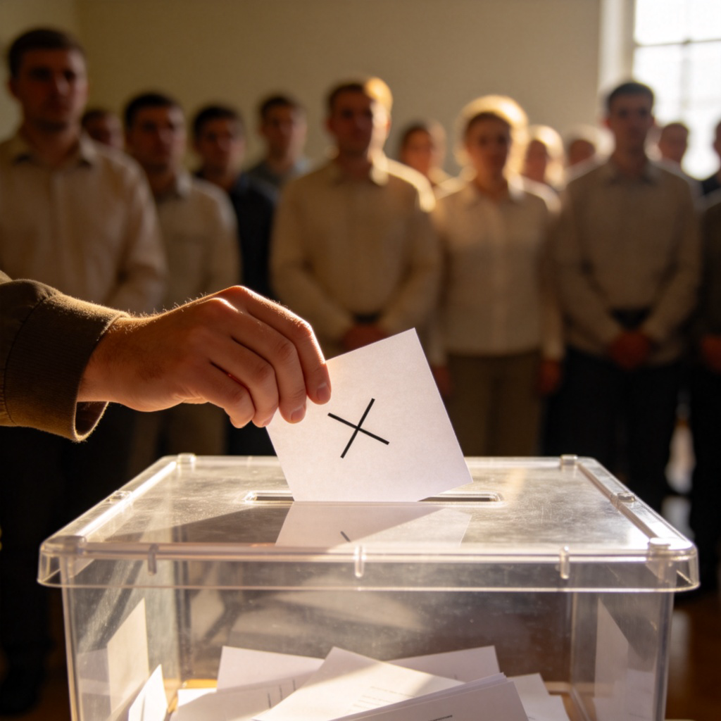 A person's hand is shown in the foreground, placing a single, decisive ballot paper into a clear voting box. In the slightly blurred background, there's a respectful crowd waiting their turn. The light shines on the hand and the ballot, highlighting the importance of the action.