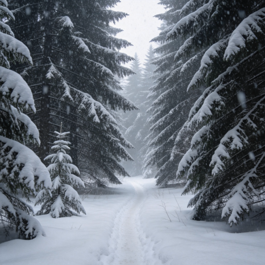 A dense, dark green forest under a heavy snowfall. Snow covers every branch and the ground completely, muffling all sound. A single path is visible, but there is no person, animal, or movement. The scene is perfectly still and serene, capturing the feeling of absolute quiet. Photorealistic style, soft winter light.