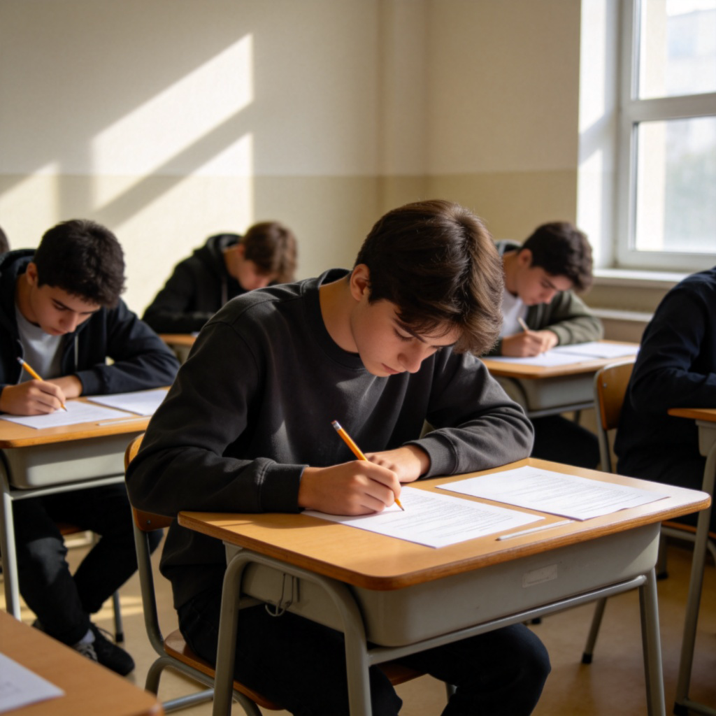 A student sitting at a school desk during an exam. Their head is down, focused on the paper, with a pencil in hand. Other students are also quietly working around them. The scene captures the intense, quiet concentration and the unspoken rule of not talking. Modern classroom setting, natural light from windows, photorealistic.