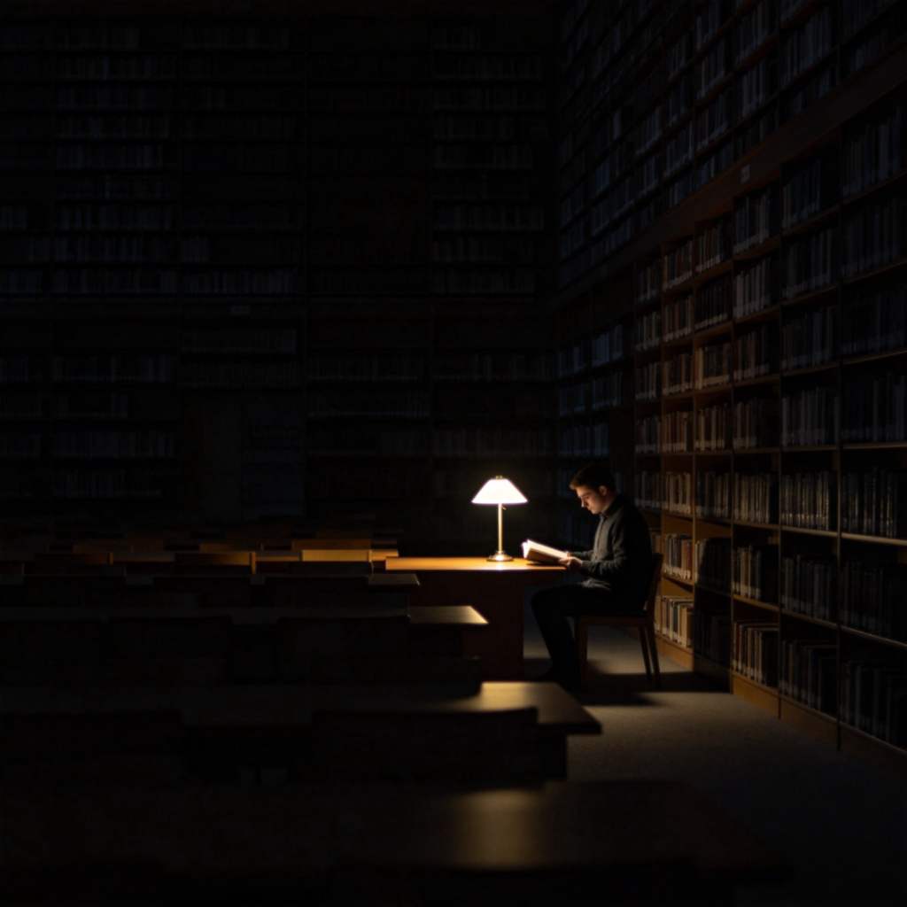 A person sitting alone reading a book in a large, empty public library at night. The person is under a single desk lamp, surrounded by towering bookshelves. The atmosphere is calm and still, emphasizing a complete absence of sound. Sharp focus, muted colors, natural lighting. No text.