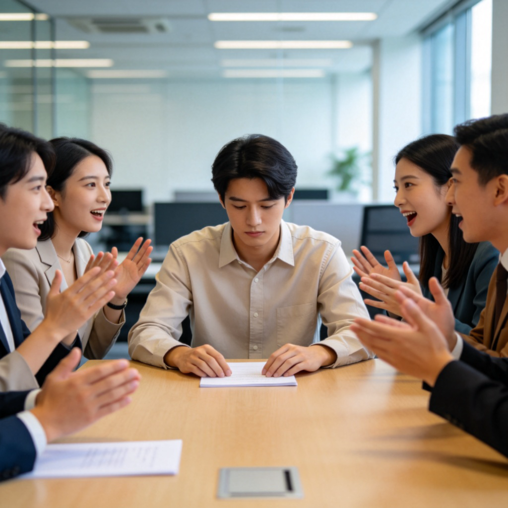 A person sitting in a team meeting at a modern office. The person is looking down at their notes with a neutral expression while all other colleagues are animatedly talking and gesturing. The silent individual’s posture suggests they are choosing not to speak. Clean office background, natural lighting. No text.
