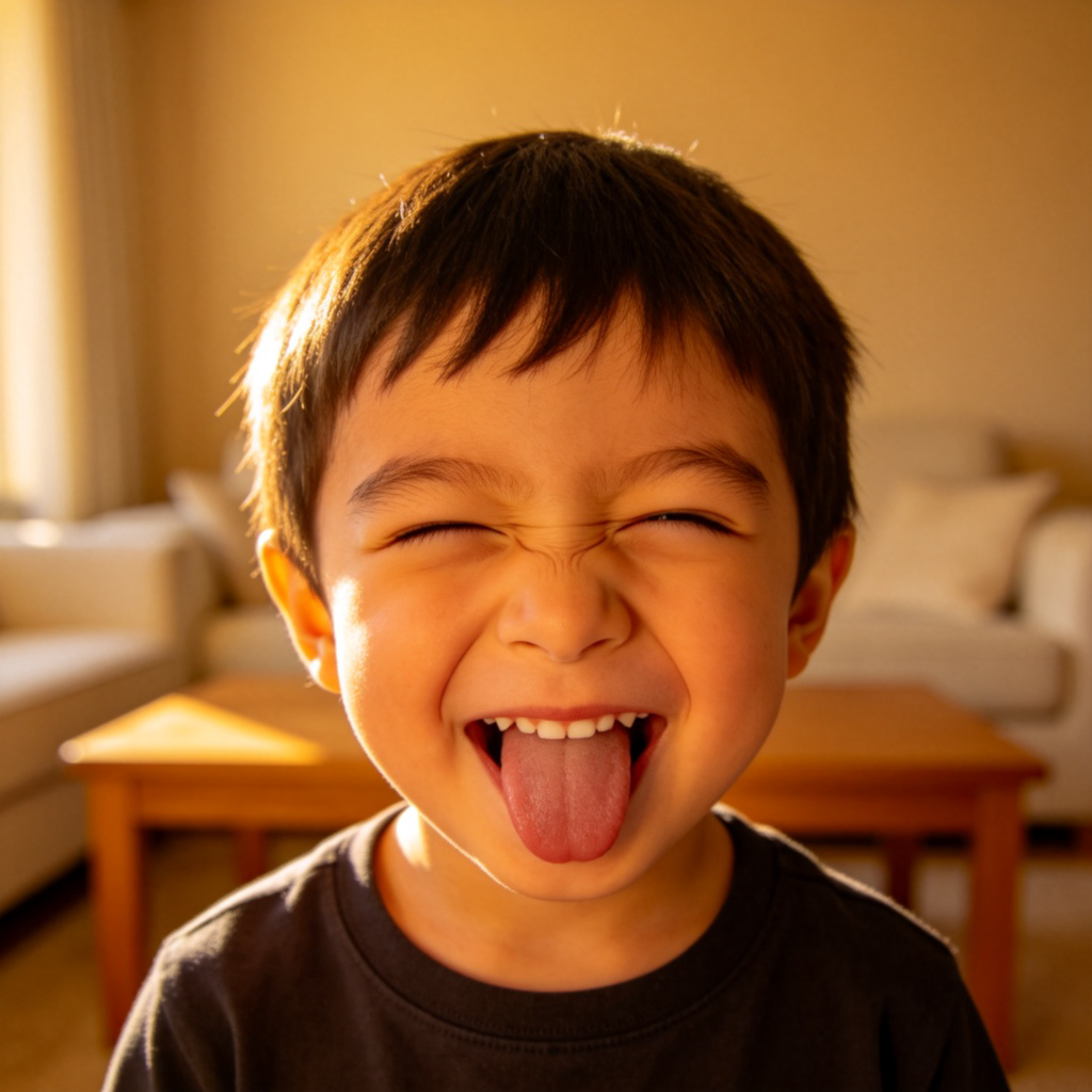 A young child sticking out his tongue and crossing his eyes, making a funny, exaggerated face. The child is smiling, and the background is a simple, warm living room. The expression is playful and harmless, clearly conveying a sense of being ‘silly’ rather than mean or serious. No text in the image.
