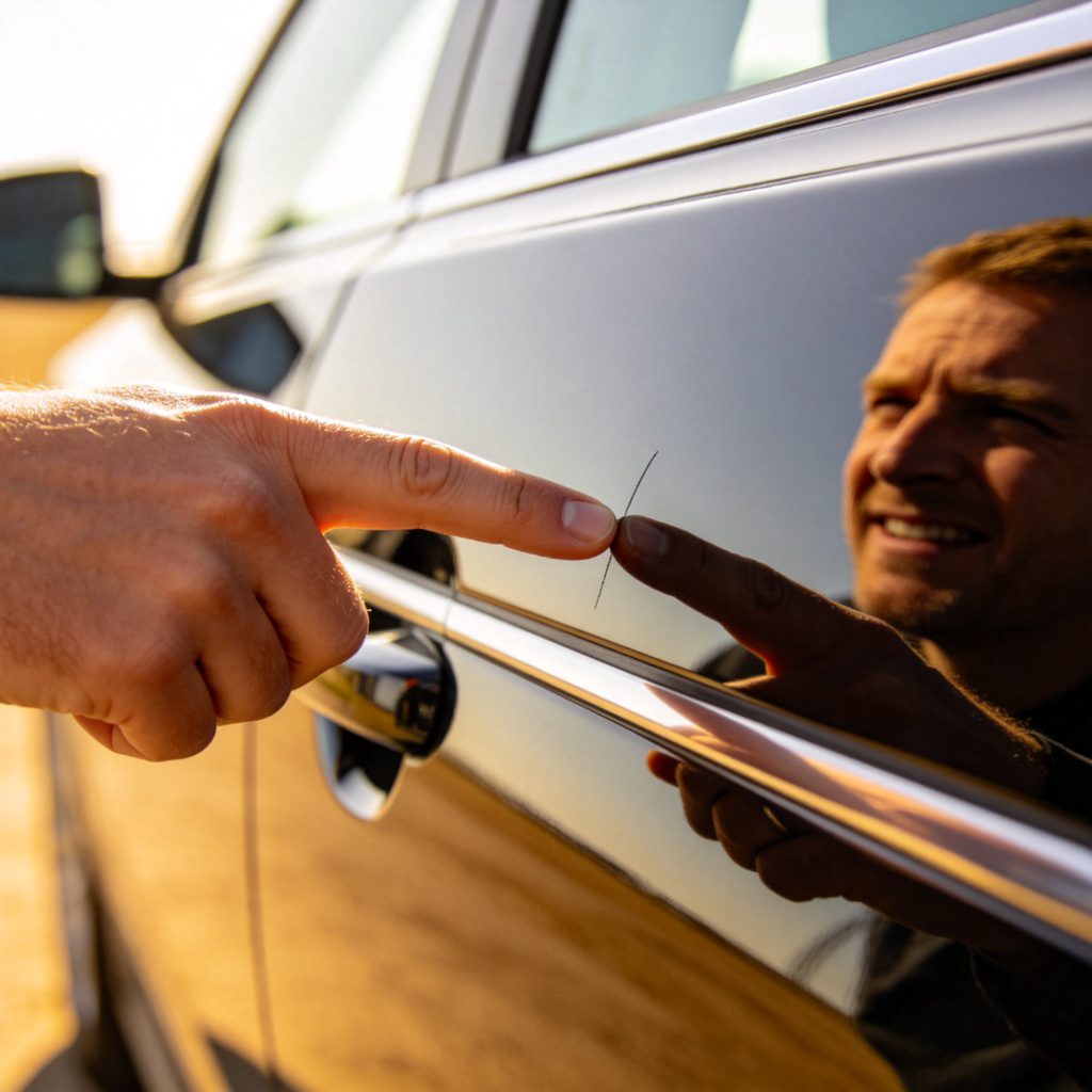 A close-up of a driver's hand pointing to a tiny, almost invisible scratch on the shiny surface of a car door. The person looks slightly annoyed but also amused, highlighting the small and unimportant nature of the issue. The car is otherwise clean and new-looking. No text in the image.