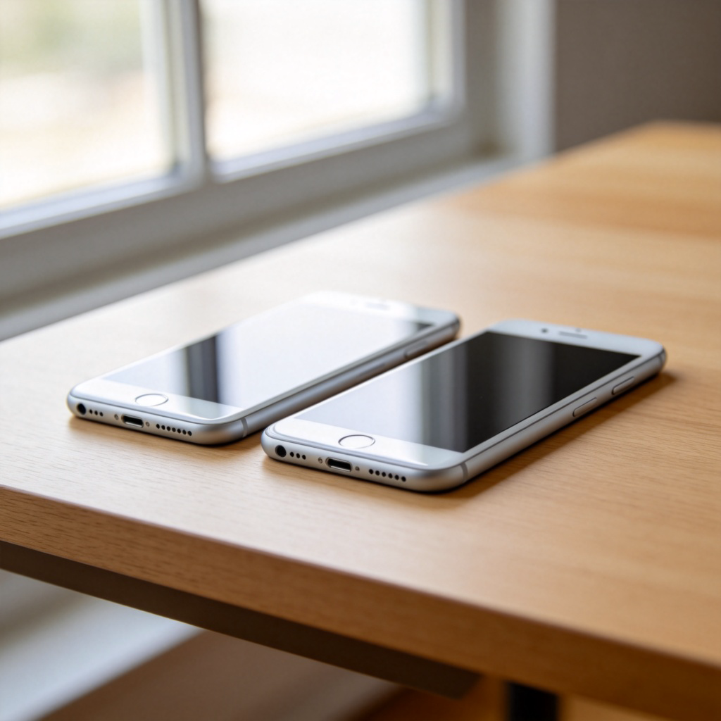 Two modern smartphones placed side-by-side on a light wooden table. They are the same model and color (e.g., silver), with their screens off, showing they look almost identical at a glance. Natural daylight from a window illuminates the scene, creating a clean and direct comparison. No text.