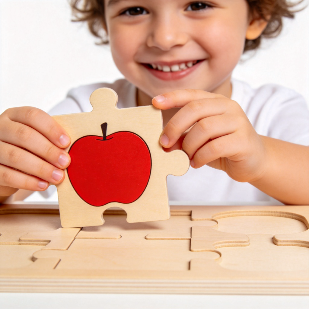 A smiling child holding a puzzle piece with a single, large shape of a red apple, placing it easily into the correct spot of a nearly empty wooden puzzle board. Bright, natural light, clean background focusing on the child's hands and the simple puzzle. No text.