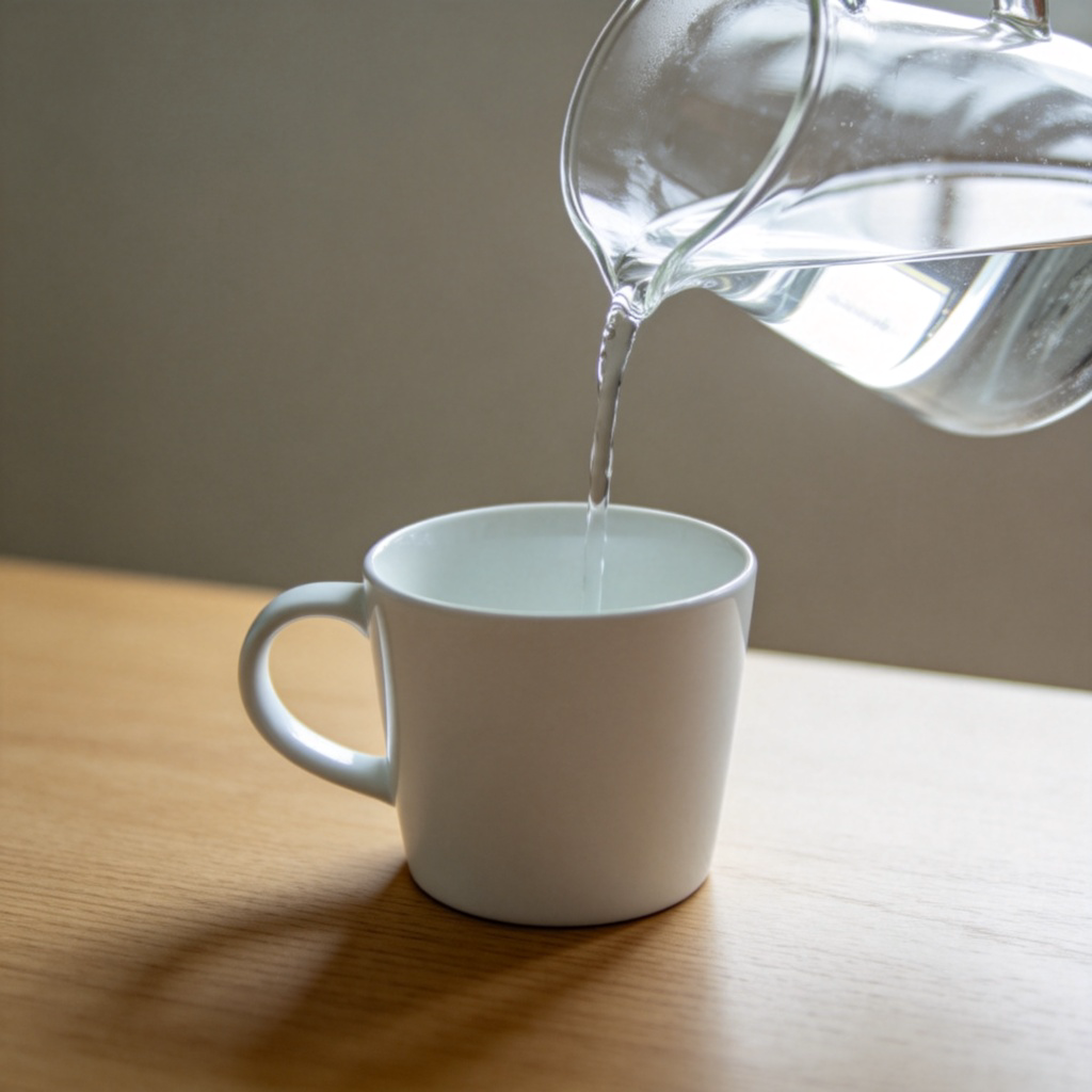 A clean, empty white ceramic mug placed on a plain wooden table against a soft-focus, neutral background. A single stream of water is being poured into it from a clear glass pitcher. Soft daylight, emphasizing the lack of decoration and the essential nature of the objects. No text.