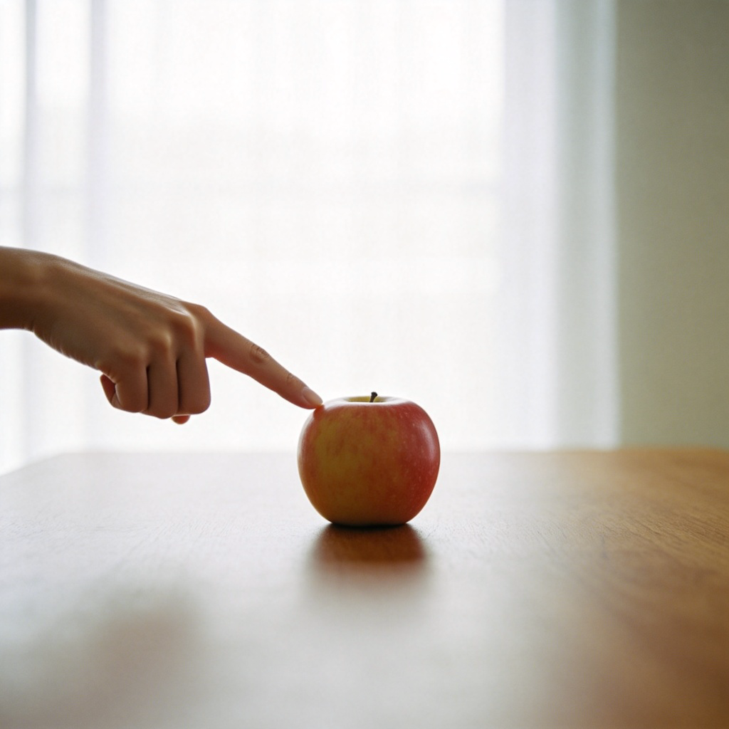 A person pointing to a single apple on a wooden table, surrounded by empty space. The focus is on the lone apple. Clean, minimalist scene with soft daylight. The person's expression shows emphasis, as if saying ‘just this one’. No text or other objects.