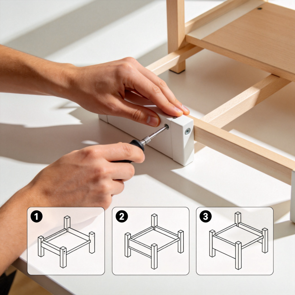 A person's hands following clear, numbered diagram instructions to assemble a simple piece of furniture. The instructions show one, two, three steps. Natural light on a clean workspace, hands holding a tool in a relaxed way. The process looks effortless. No text in the image.