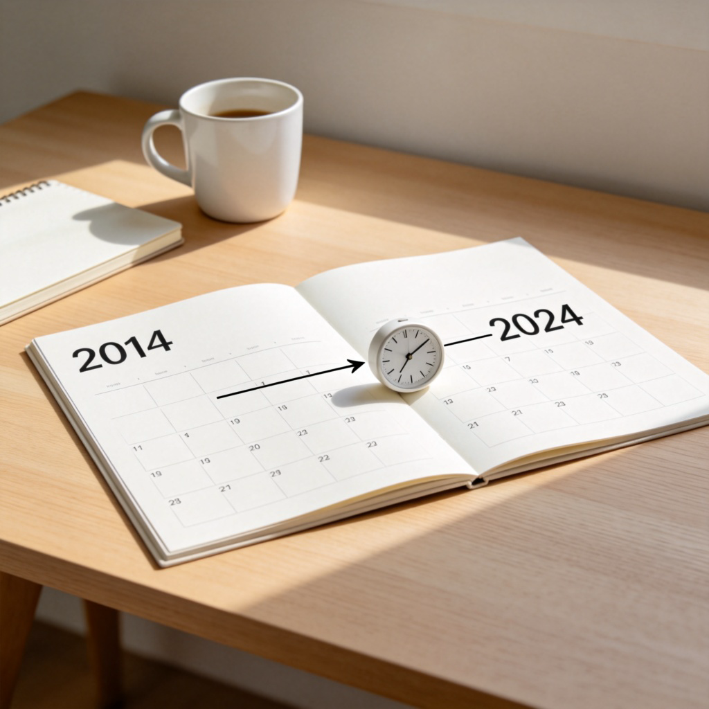A simple desk with a calendar on it. The left page shows a date from 10 years ago (e.g., 2014), the right page shows today's date. An arrow is drawn from the old date, going across a clock showing the passage of hours, and pointing to the current date. The desk has a cup of coffee and a notebook. Clean, minimalist style, natural light.