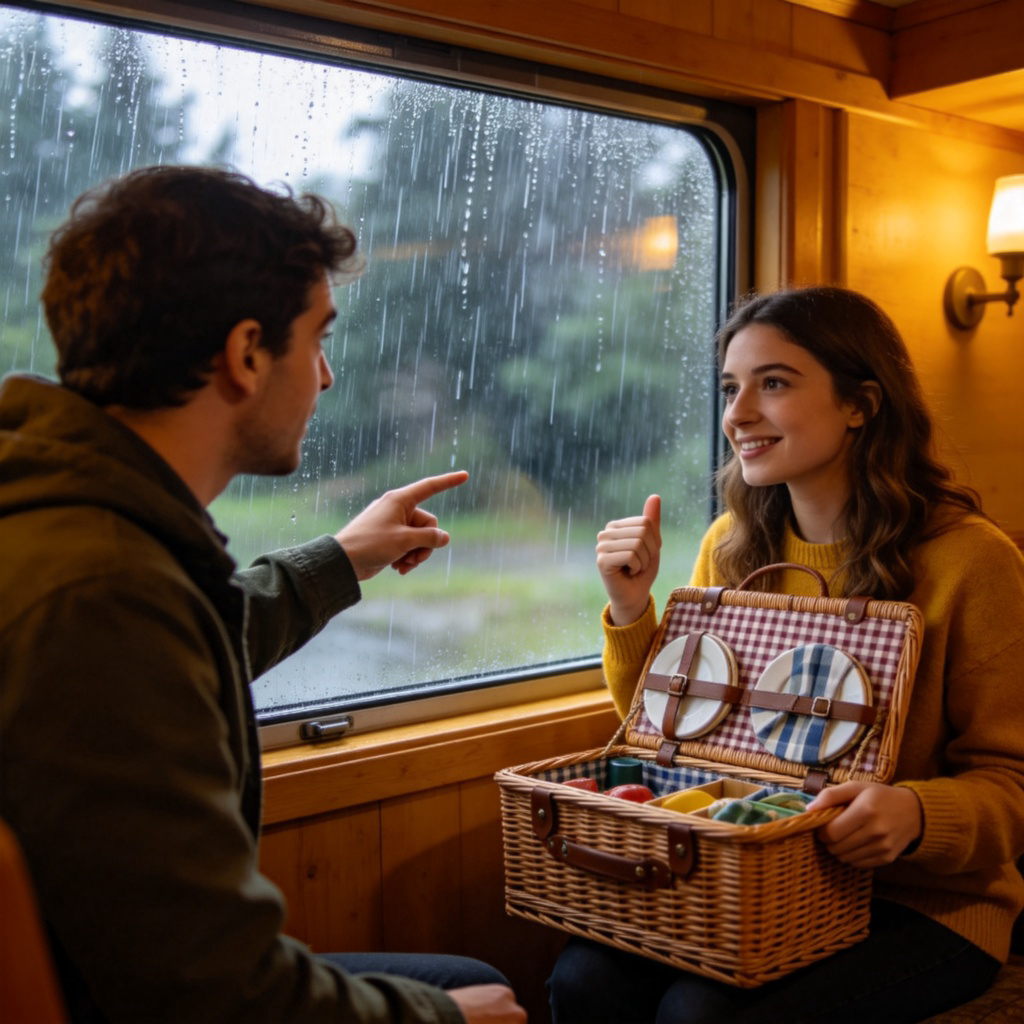 A person is pointing outside a large window at pouring rain, while turning to speak to a friend who is holding a packed picnic basket. The friend looks convinced and is nodding. The focus is on the person explaining and the rainy window. Cozy indoor lighting, clear facial expressions.