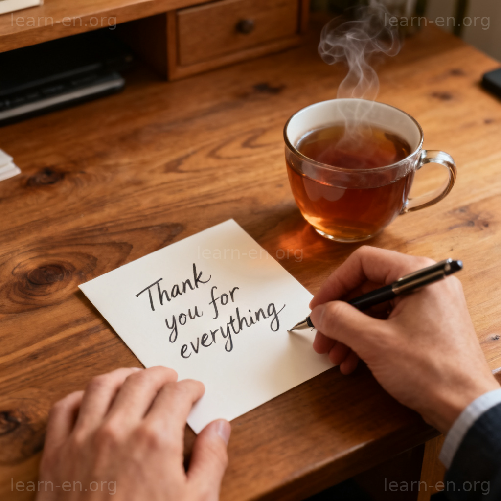 Sincere action example of writing a heartfelt thank you card with warm lighting.