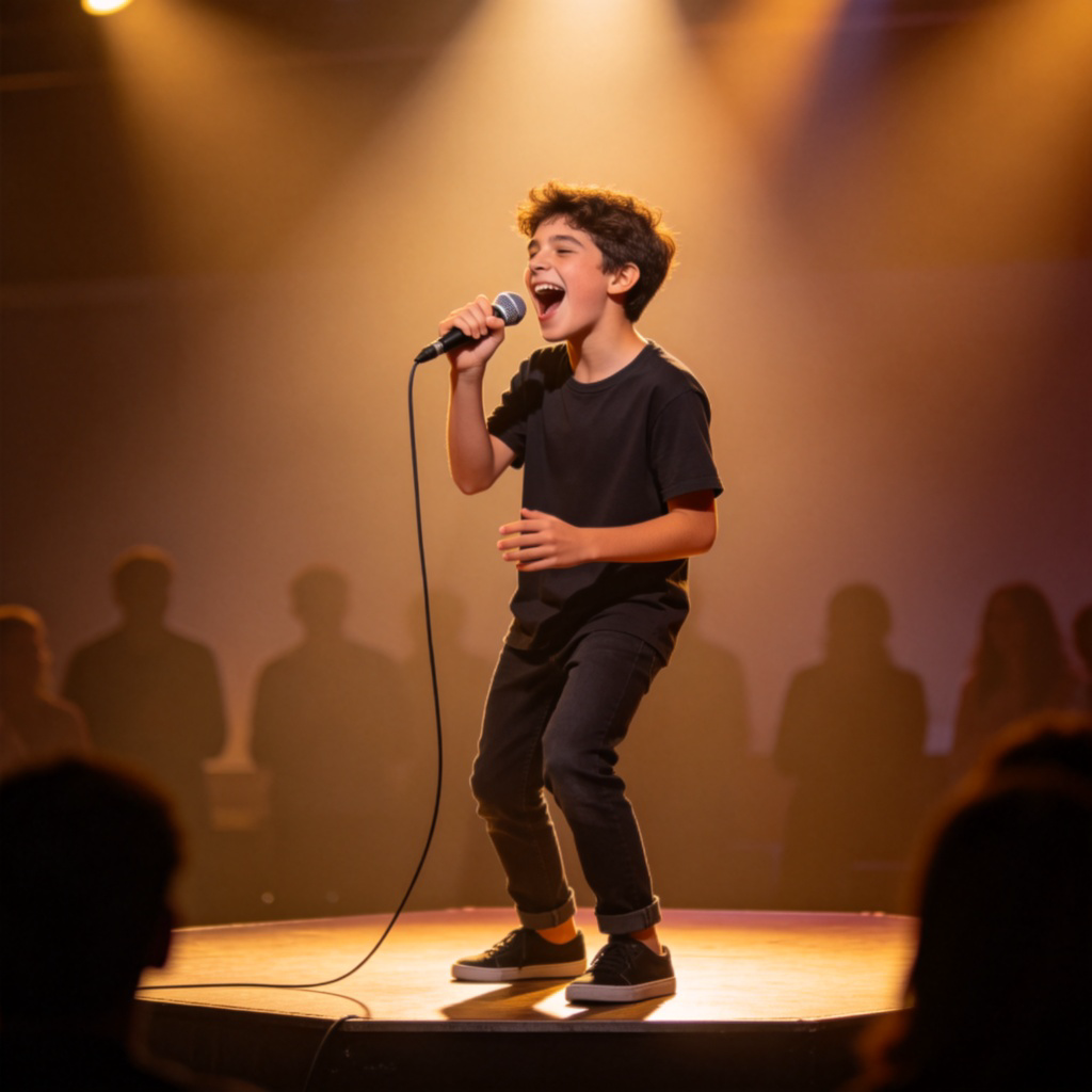 A young person with a joyful expression, holding a microphone and singing on a small stage. The mouth is open mid-song, and the background is softly blurred with a few audience silhouettes. Warm stage lighting, realistic style. No text.