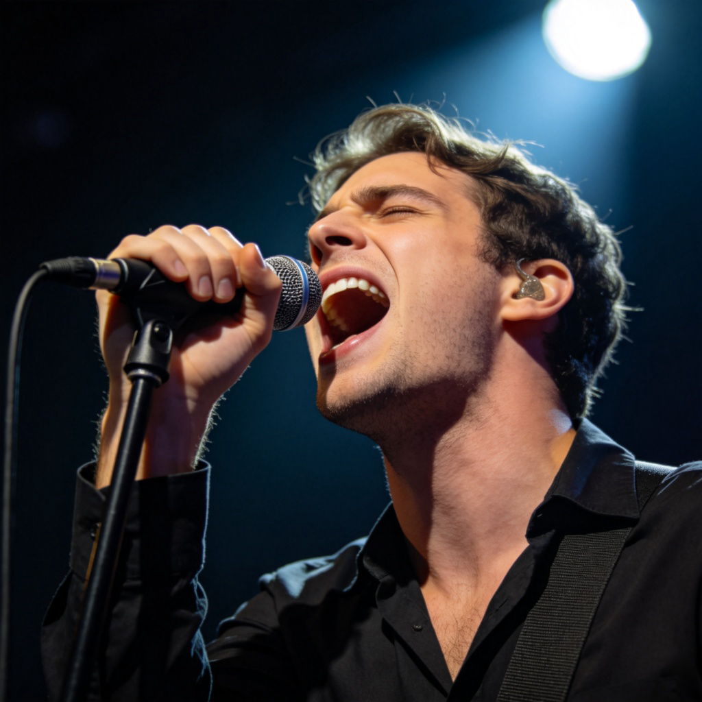 A singer standing on a brightly lit stage, holding a microphone and singing with emotion. The focus is on the singer's expressive face and open mouth. The background is dark with soft spotlight, making the singer the clear center of attention. Photorealistic style, no text.