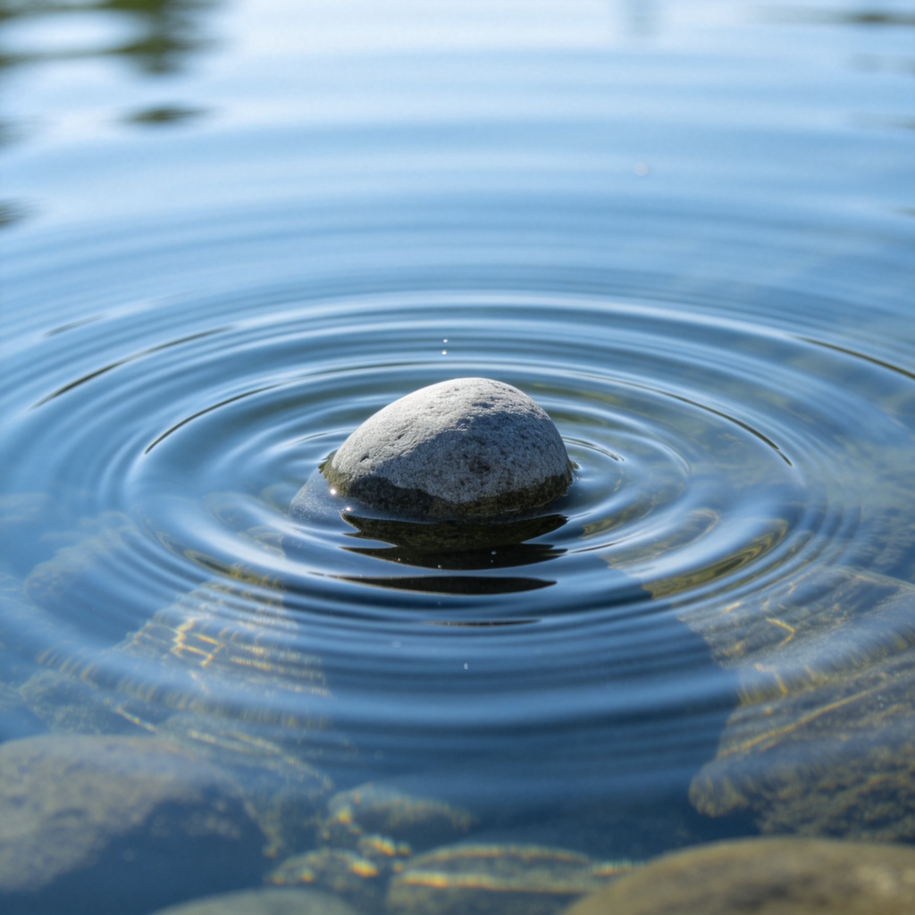 A smooth grey stone dropping into a calm pond of clear water, creating perfect concentric ripples. Close-up shot focused on the point where the stone enters the water, half submerged. Blue water, natural daylight. No text.