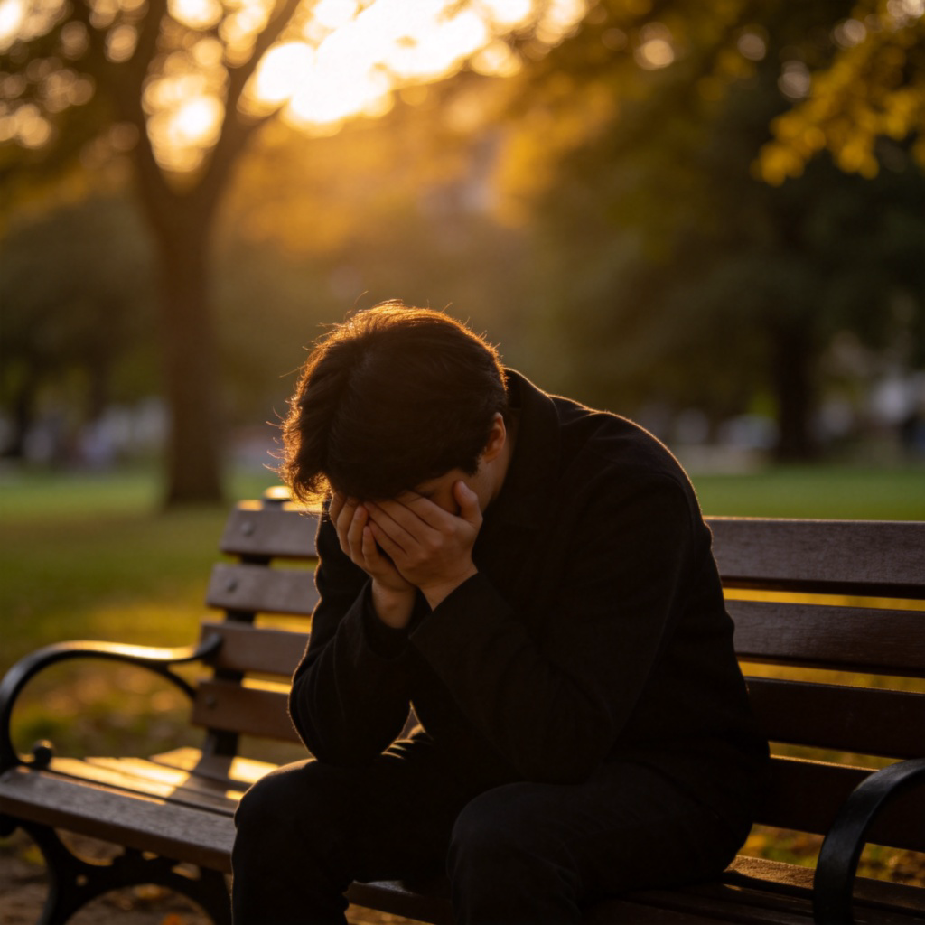 A person sitting alone on a park bench, head bowed low, hands covering face, shoulders slumped. The background is blurred with soft evening light filtering through trees, focusing on the posture of sadness. No text.