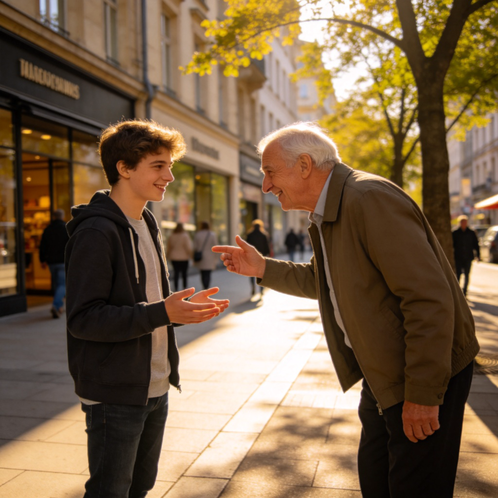 A young person politely asking for directions from an older man on a sunny city street. The young person is smiling and gesturing, the older man looks friendly and helpful. Focus on the respectful body language and the urban background. Photorealistic style, clear lighting. No text.