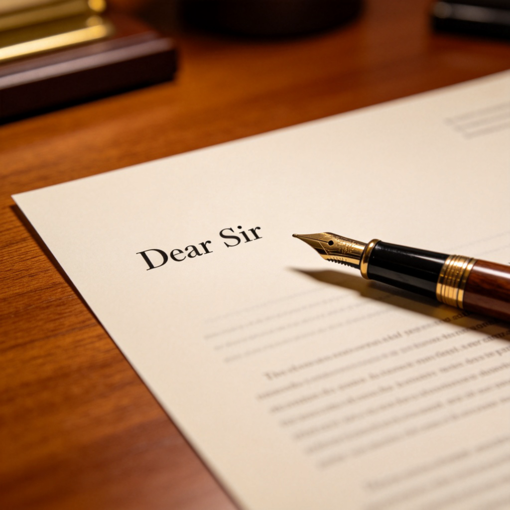 A close-up of a formal letter lying on a wooden desk. The salutation "Dear Sir" is clearly visible at the top in typed font. Next to it is a classic fountain pen. Soft, focused lighting creates a professional and serious atmosphere. No text other than the typed salutation.