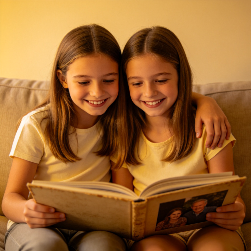 Two smiling girls with similar features, sitting together on a comfortable sofa at home. One has her arm around the other's shoulder, both looking at a family photo album on their laps. Warm indoor lighting, focus on their affectionate interaction and happy expressions. Plain background. No text.