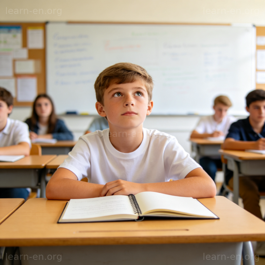 A student with a notebook, sitting in the first row of a bright classroom, looking attentively at the whiteboard.