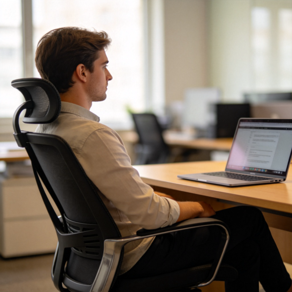A person sitting comfortably on a modern office chair, facing a desk with a laptop. The focus is on the person's relaxed seated posture. The background is a simple, blurred office environment. Natural lighting, clear and realistic style. No text or logos.