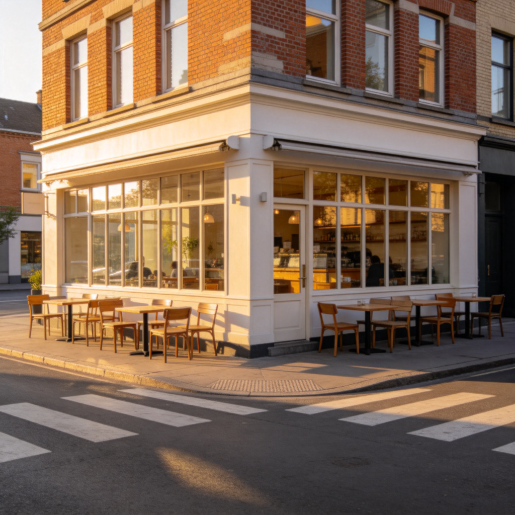 A small, charming café building at a street corner. The café has large windows and outdoor seating. The focus is on the building's position at the intersection, showing it 'sits' there. Sunny day, clean and realistic architectural photography style. No text.