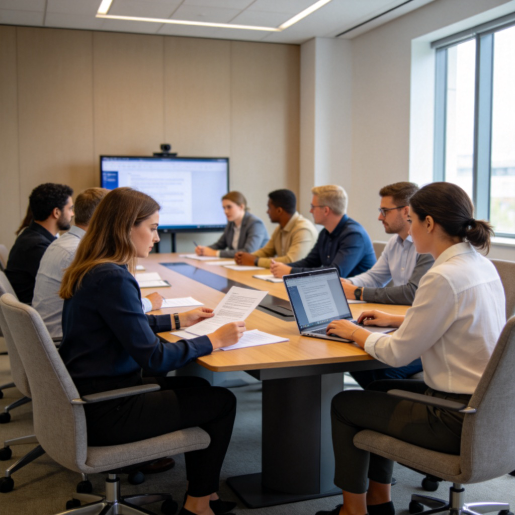 A diverse group of people sitting around a modern conference table in a boardroom. They are engaged in discussion, with some looking at documents or a screen. The atmosphere is professional and collaborative. Well-lit, realistic office scene. No text on screen or walls.
