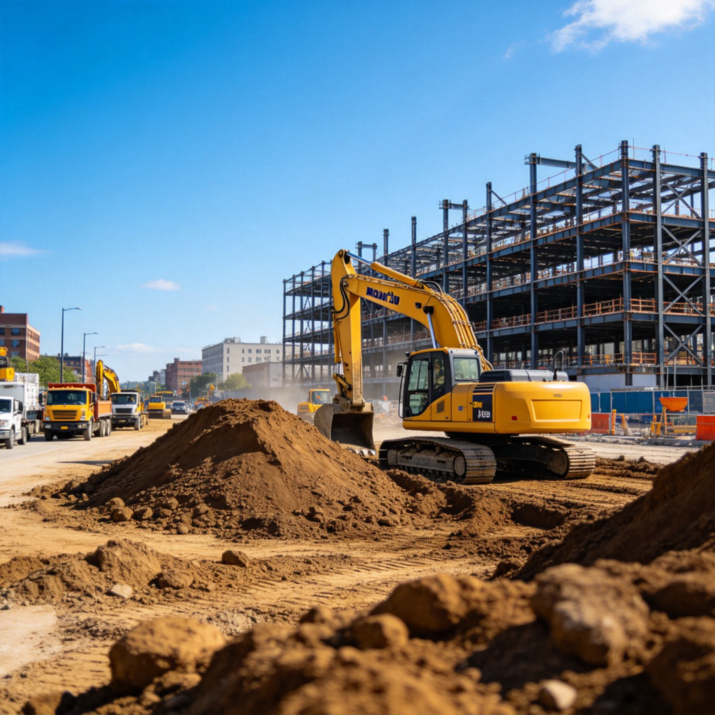 A wide-angle photo of a large construction site in a city. In the foreground, there are piles of dirt and a yellow excavator. In the background, steel frames of a building are visible against a blue sky. The scene is active and bustling. Bright daylight. No people's faces are clearly visible. No text.