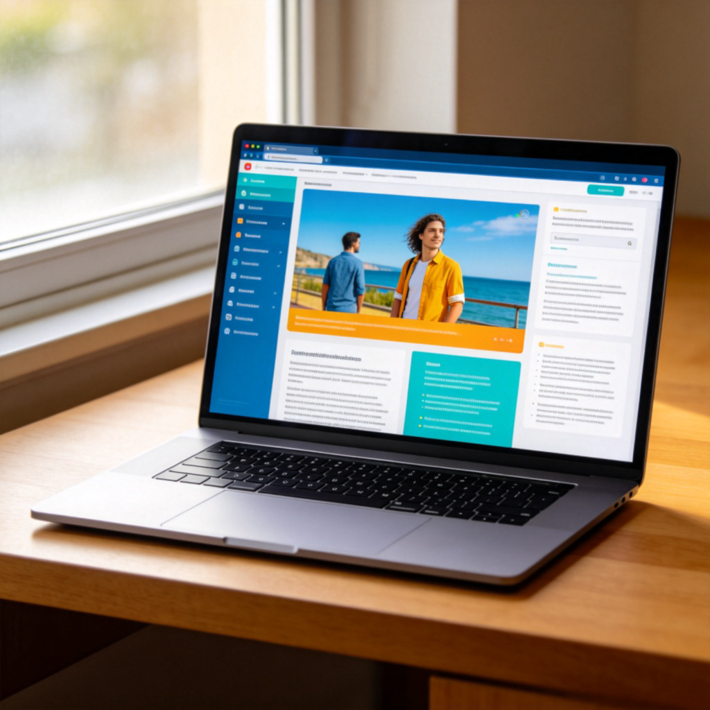 A close-up view of a modern laptop screen. On the screen, a brightly colored website homepage is clearly displayed, showing a navigation menu, a large image banner, and some text blocks. The laptop is on a wooden desk, with soft natural light coming from a window. No text or logos are visible on the screen besides the fictional website design.