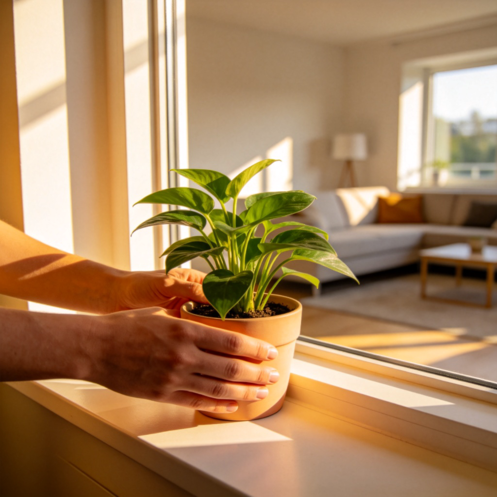 situate 安放含义图解：将盆栽放置在窗台上的场景