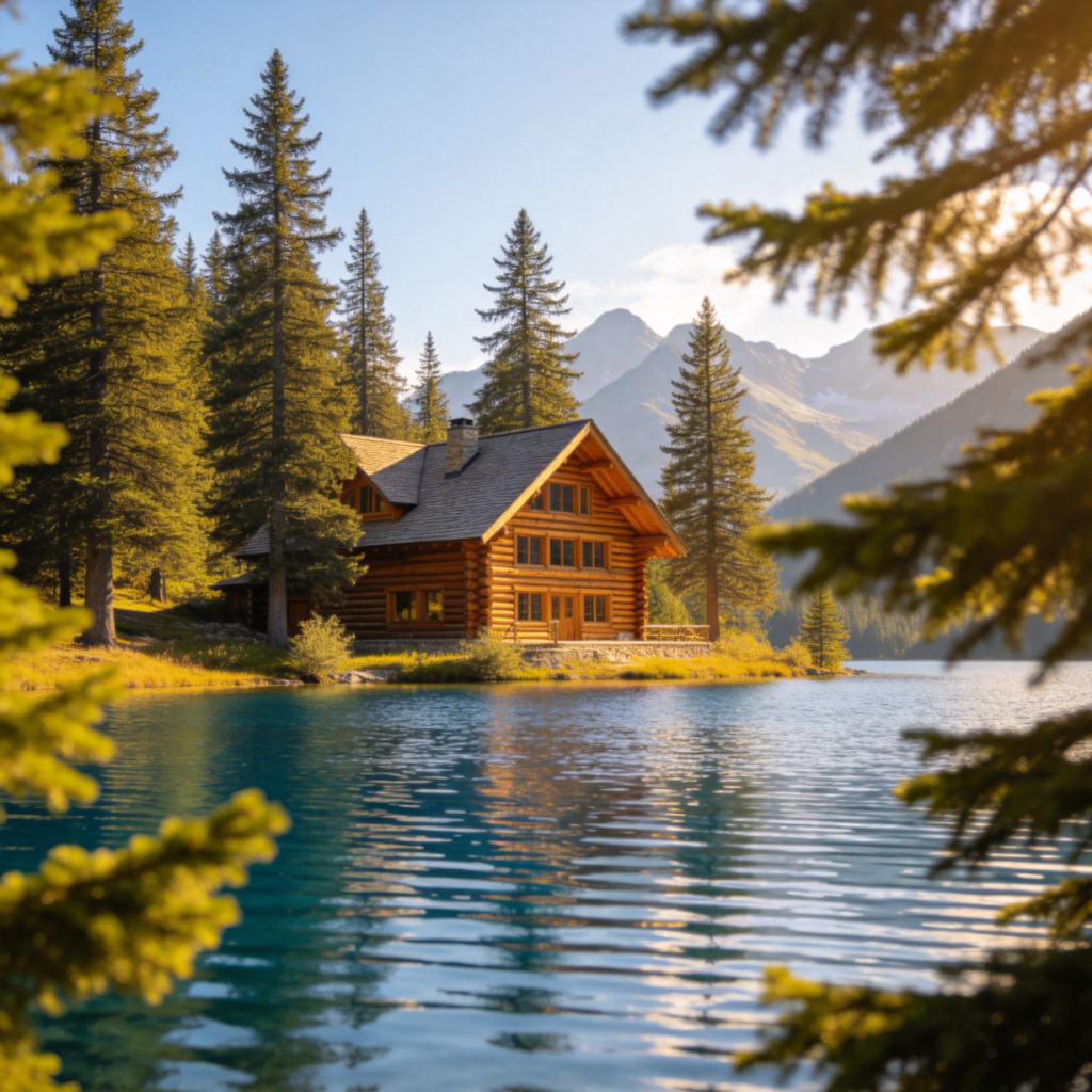 situate 坐落含义图解：木屋坐落在湖畔山林中的场景