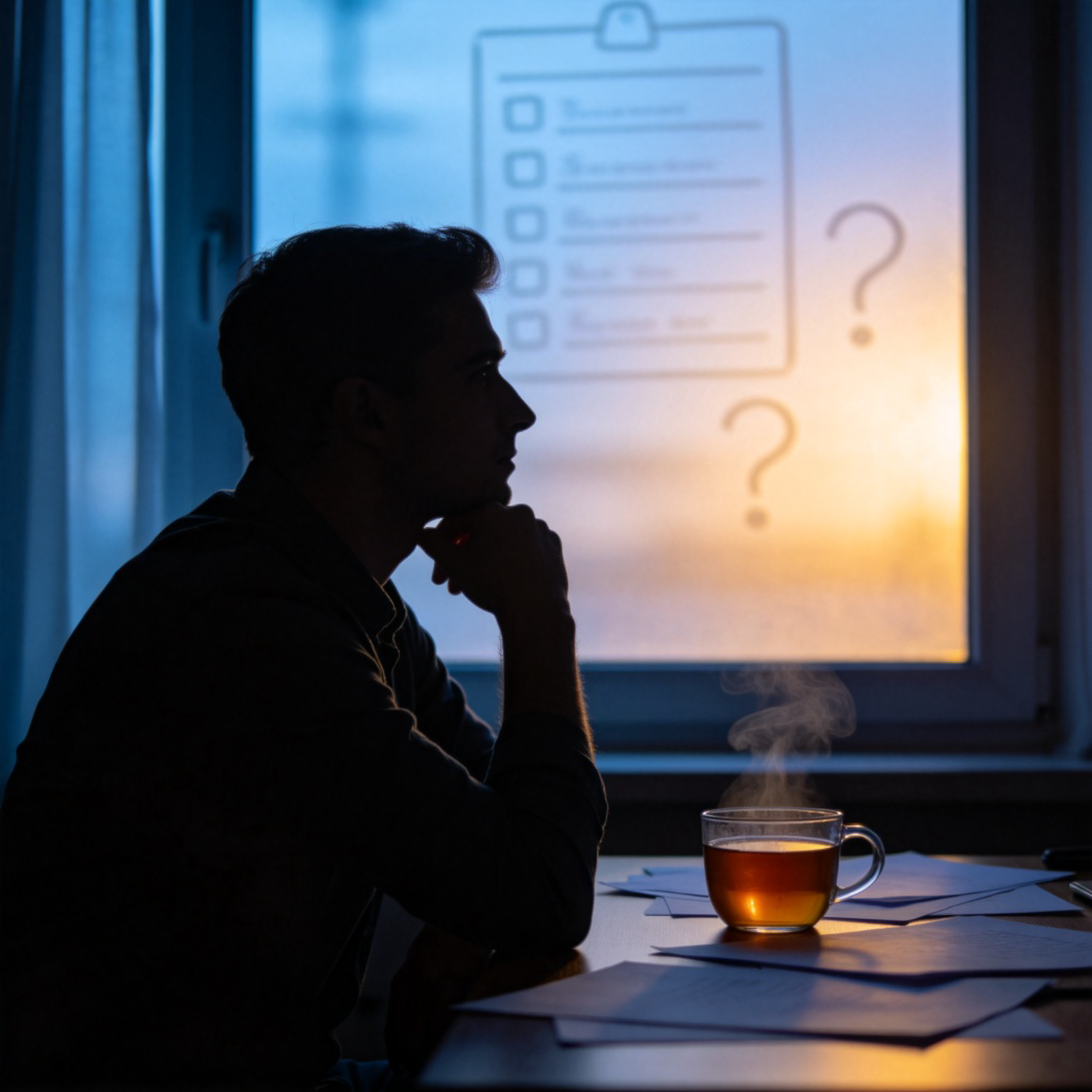 A thoughtful person in silhouette, sitting by a window, with one hand on their chin, looking out thoughtfully. On the desk in front of them are some papers and a cup of tea, with a faint, blurry list of ‘to-dos’ or question marks in the background light. The mood is calm and contemplative. No text.