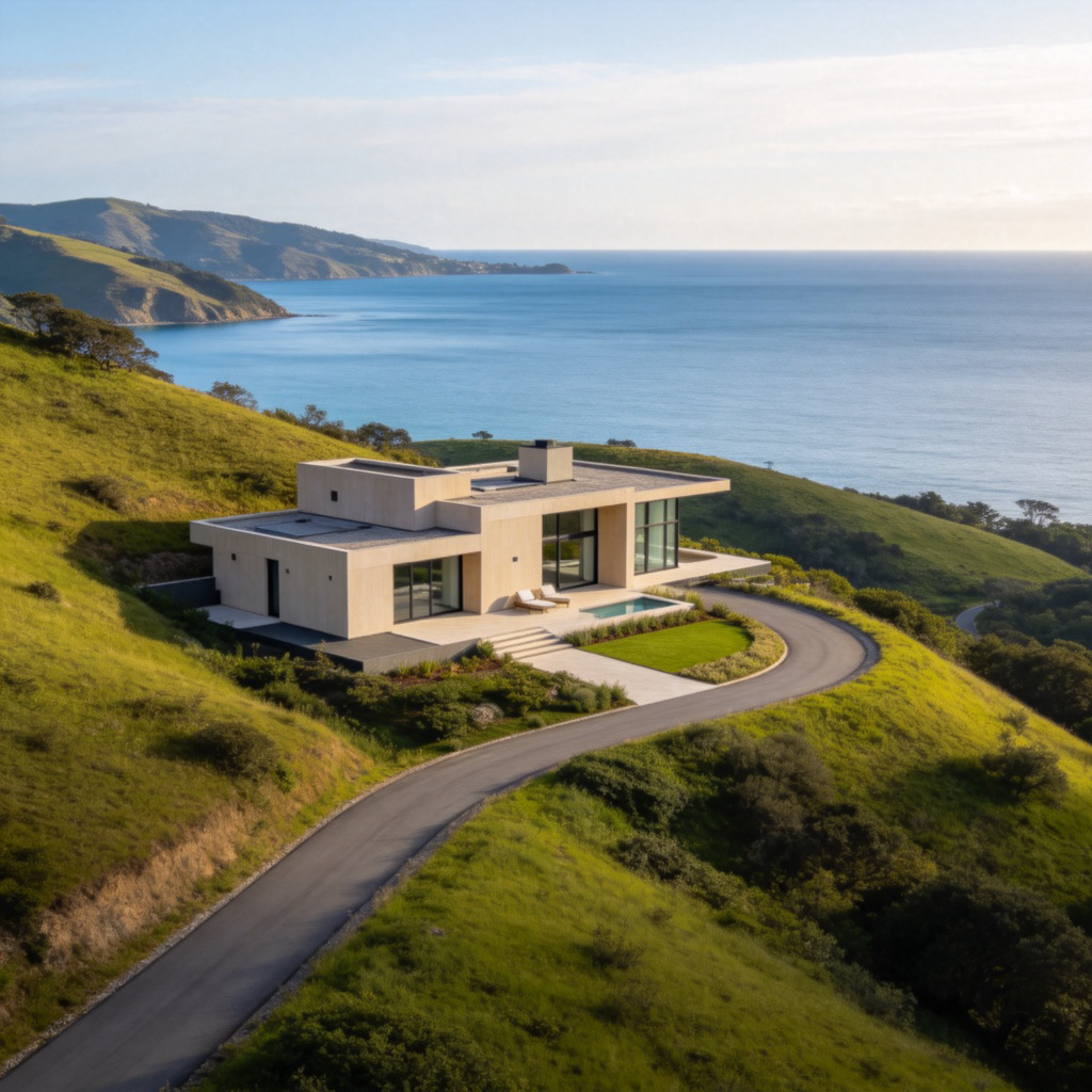 A wide shot of a beautiful, modern house built on the side of a green hill. A winding road leads up to it. From its vantage point, you can see a panoramic view of a blue ocean or a calm lake in the distance. The focus is on the house and its relationship to the landscape. No text.