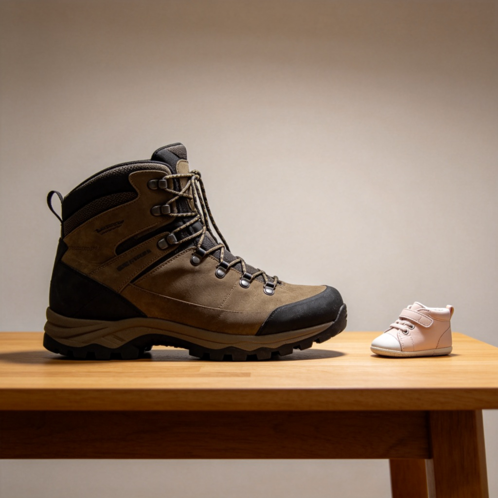 A simple, clean photo showing a strong visual contrast in size. On a wooden table, place a very large, bulky hiking boot right next to a tiny, delicate baby shoe. The difference in their physical space should be obvious and striking. Natural light from the side, sharp focus, plain background.