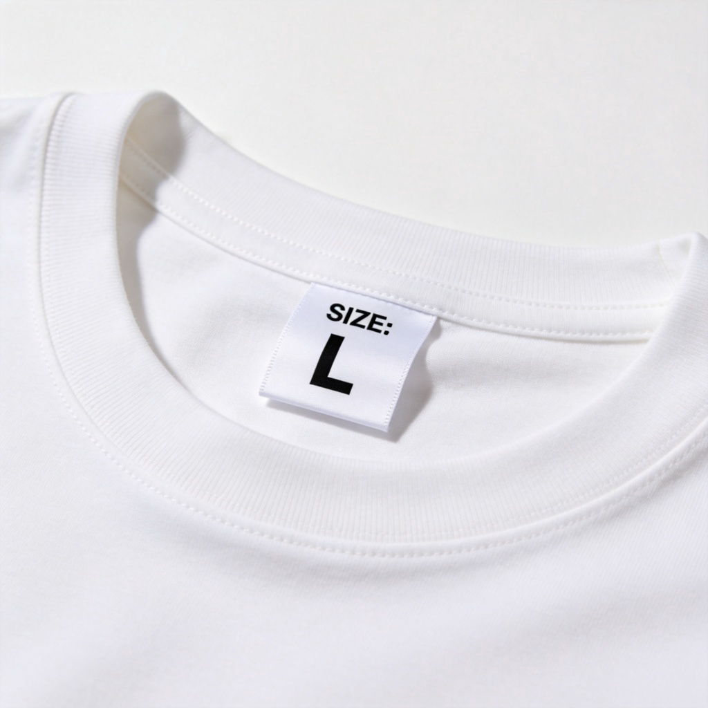 A close-up shot of the inside collar tag of a clean, new t-shirt. The tag is white with black printed letters and numbers. The word "SIZE:" is clearly visible, followed by a large, bold letter "L". The fabric of the t-shirt is smooth and fills the background. Clean, studio lighting.