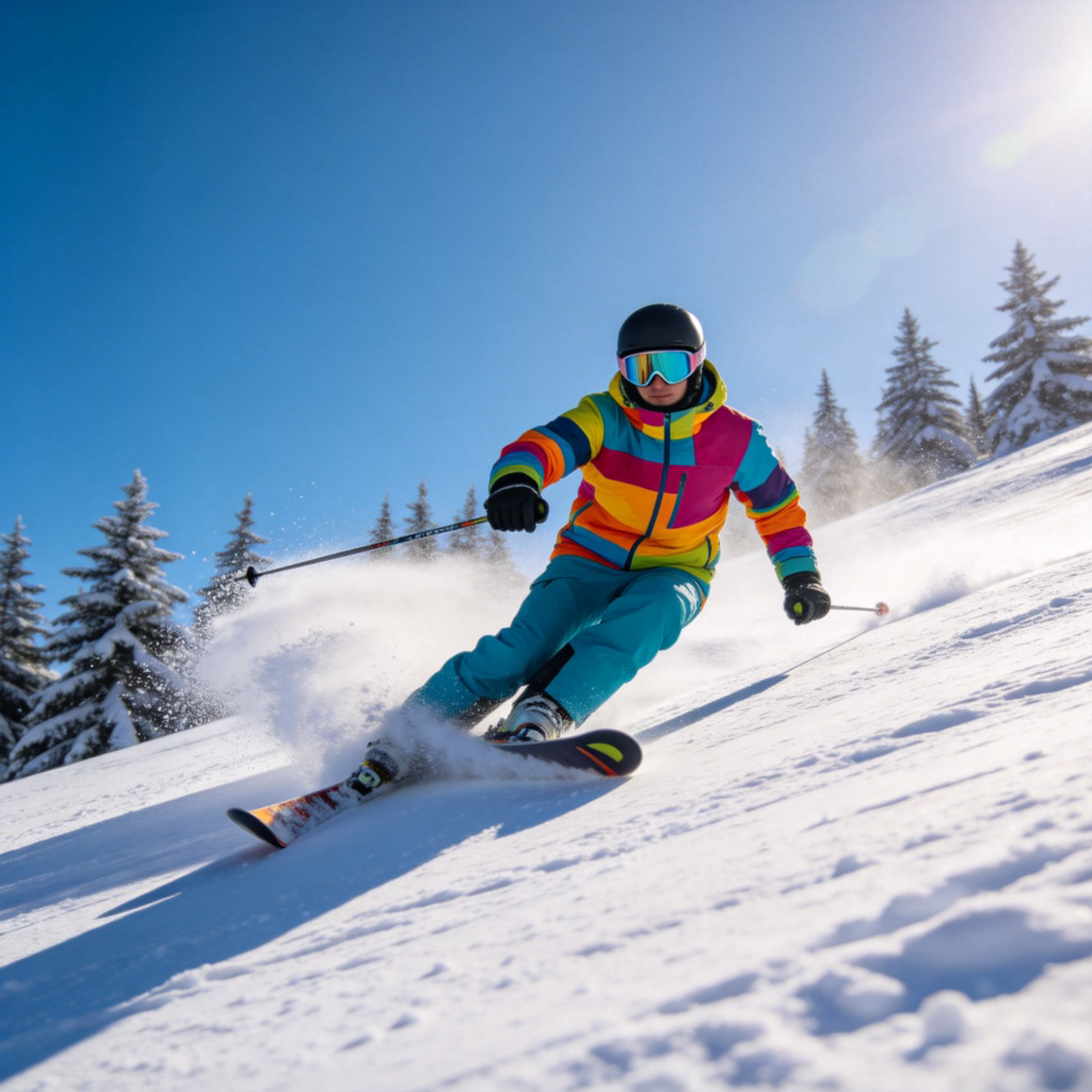 ski 滑雪运动图解：滑雪者从雪坡滑下的动态场景