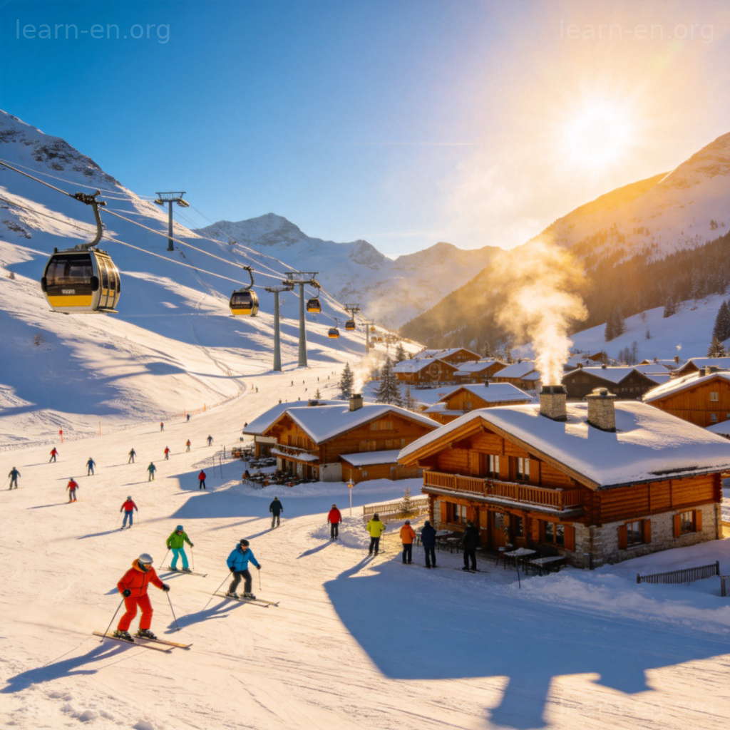Ski Resort 滑雪度假村图解：雪山、缆车与滑雪者场景