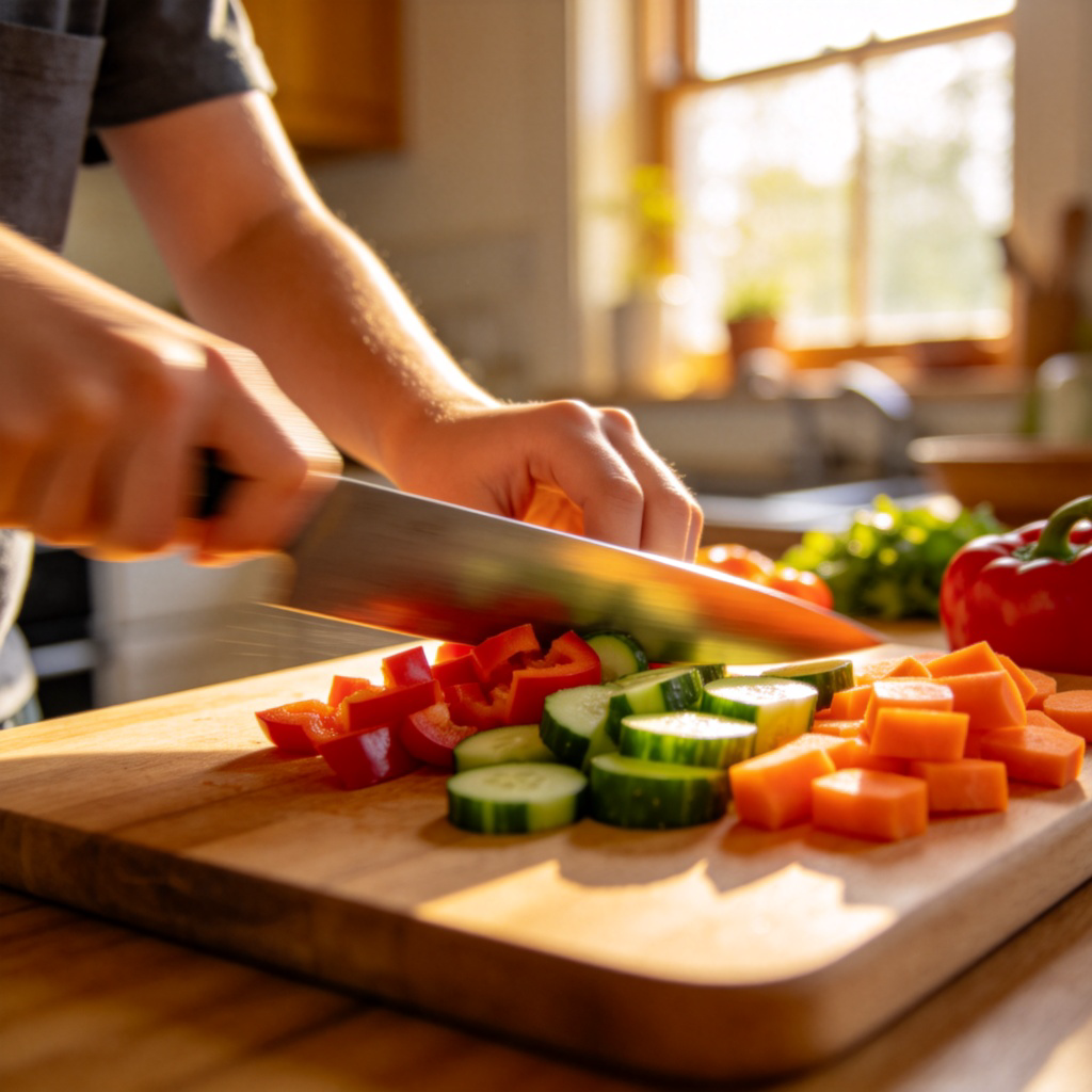 A close-up photo of a young person's hands skillfully chopping colorful vegetables on a wooden cutting board in a home kitchen. The motion is blurry to show speed and precision. Sunlight streams in from a window. Focus is on the sharp knife and the neatly cut vegetables. No text.