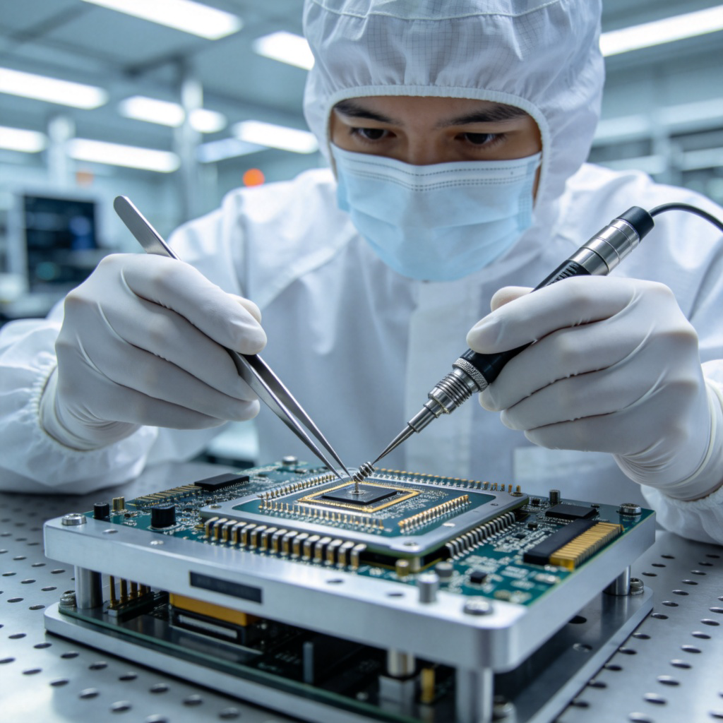 An engineer in a cleanroom suit, using specialized tools to assemble a complex piece of modern technology, like a circuit board or a drone. The environment is high-tech and precise. The focus is on the hands, tools, and the intricate device. No text.
