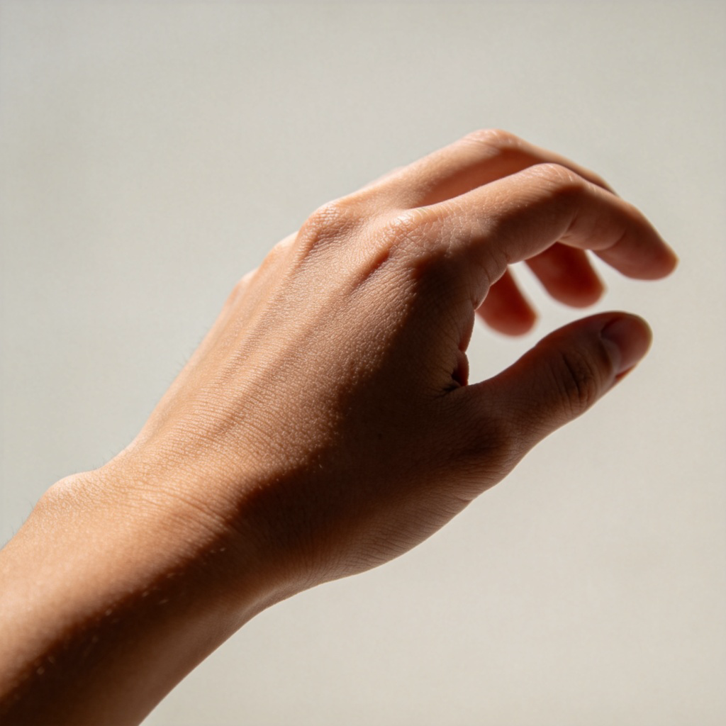 A close-up side view of a person's hand, showing the fine lines and texture of the skin on the back of the hand and fingers. Natural daylight, sharp focus, plain background. No text or jewelry.