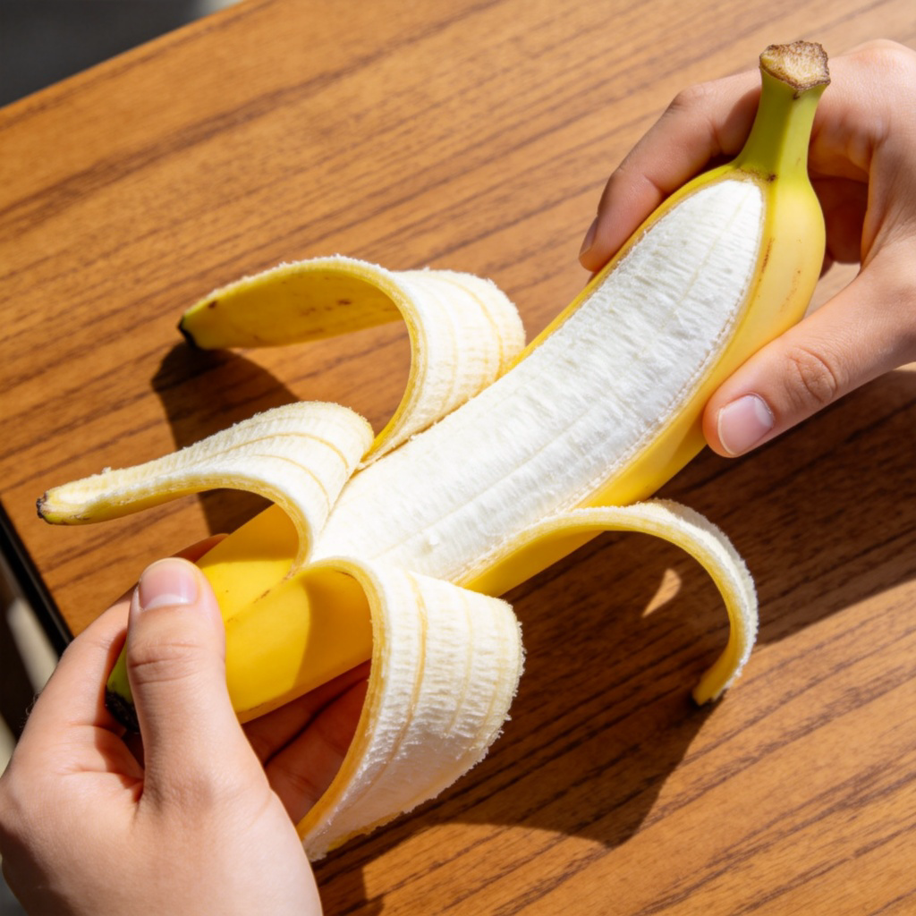 A person's hands in the process of peeling a bright yellow banana. The peeled-back skin is clearly separate from the white fruit inside. Clear, overhead shot on a wooden table. No text.