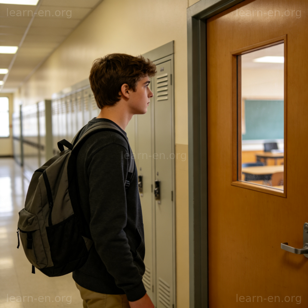 A student glancing at a classroom door from a hallway, backpack on, deciding whether to enter or walk away.