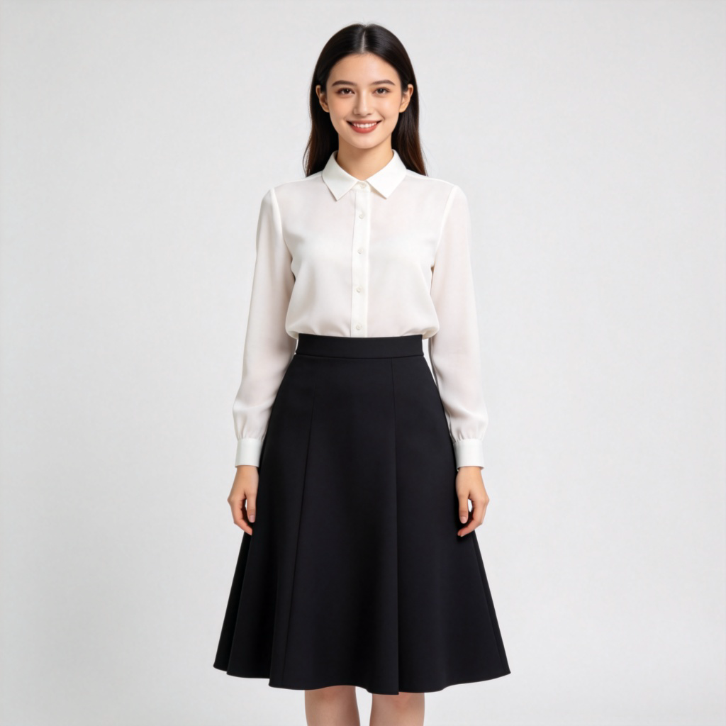 A young woman standing confidently, smiling, wearing a classic knee-length A-line skirt with a simple blouse. Full-body shot on a plain background, clear lighting, focus on the skirt's shape and texture. The skirt is the central element of the outfit.