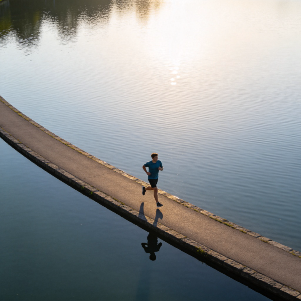 A person jogging along a paved path that runs right next to the edge of a calm, reflective lake. The path clearly follows the lake's shoreline. Aerial or side view, natural daylight, showing the relationship between the path and the water's edge.